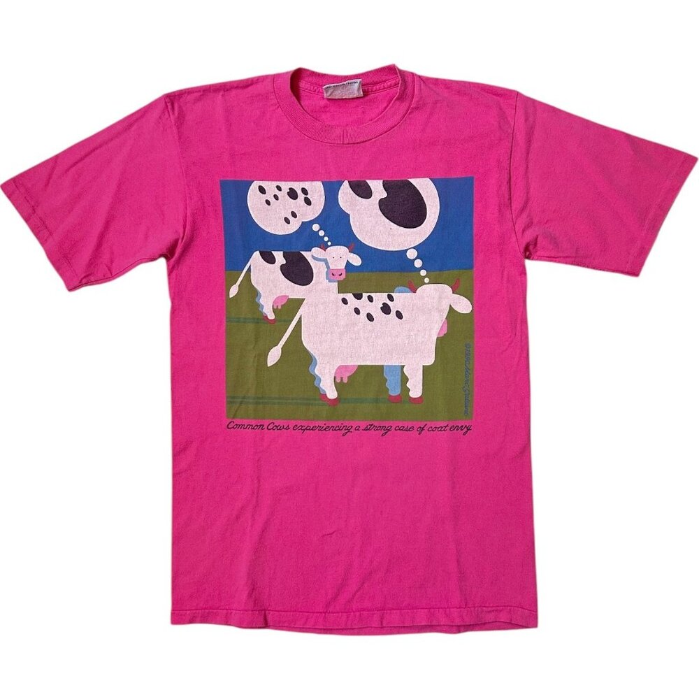 90s Vintage Cows Coat Envy T-shirt Single Stitch Marc Gallant 1990 PEI Cartoon.